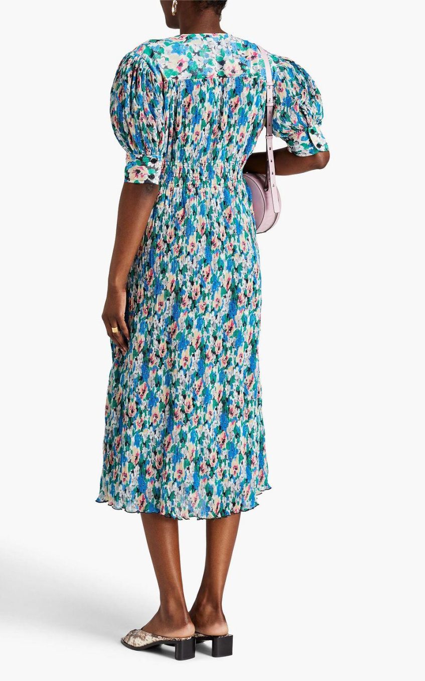 Abstract Print Pleated V-Neck Midi Dress
