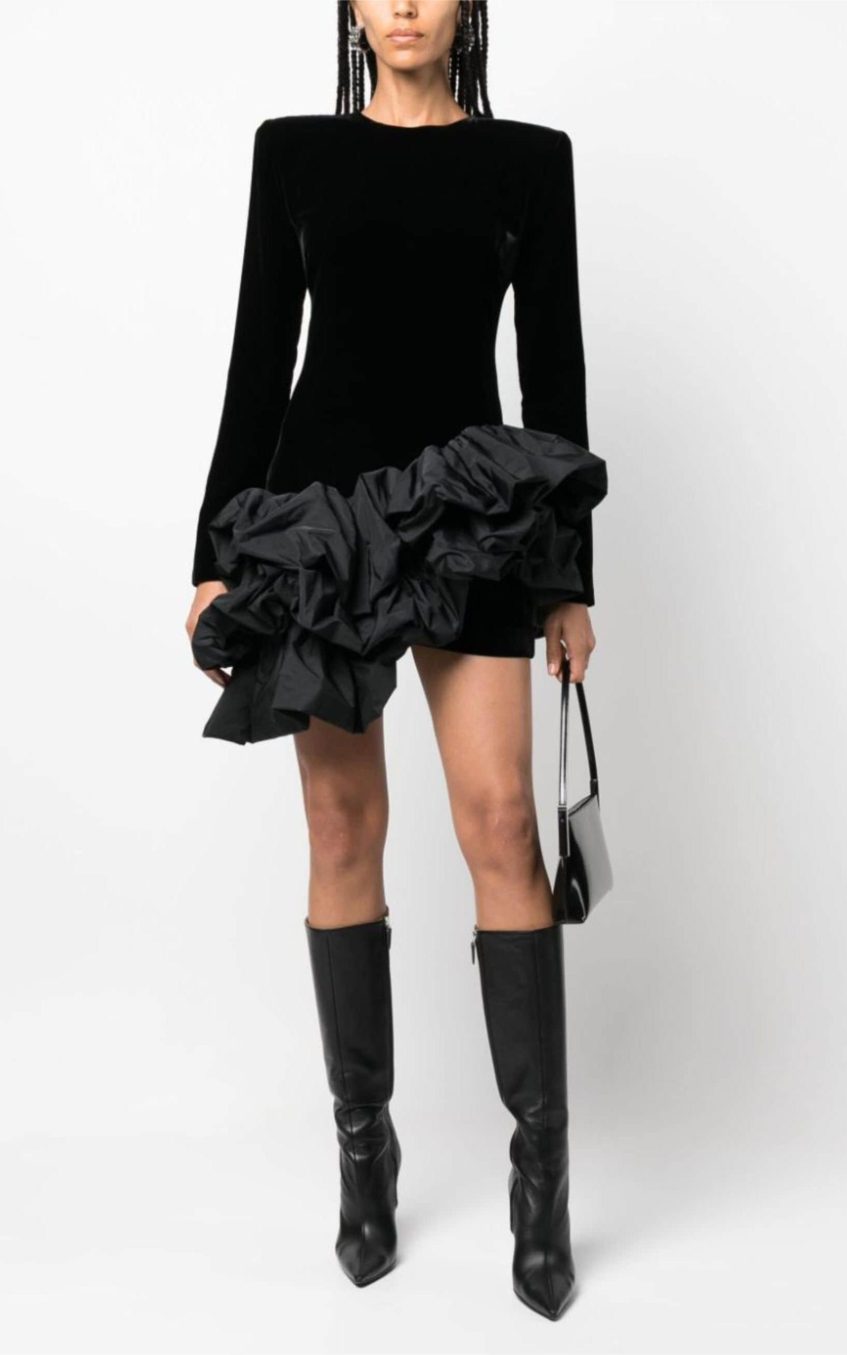 Solid Velvet Long Sleeve Ruffle Mini Dress