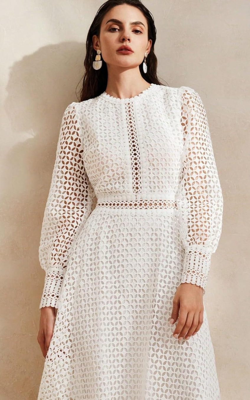 Solid Lace Lantern Sleeve Midi Dress