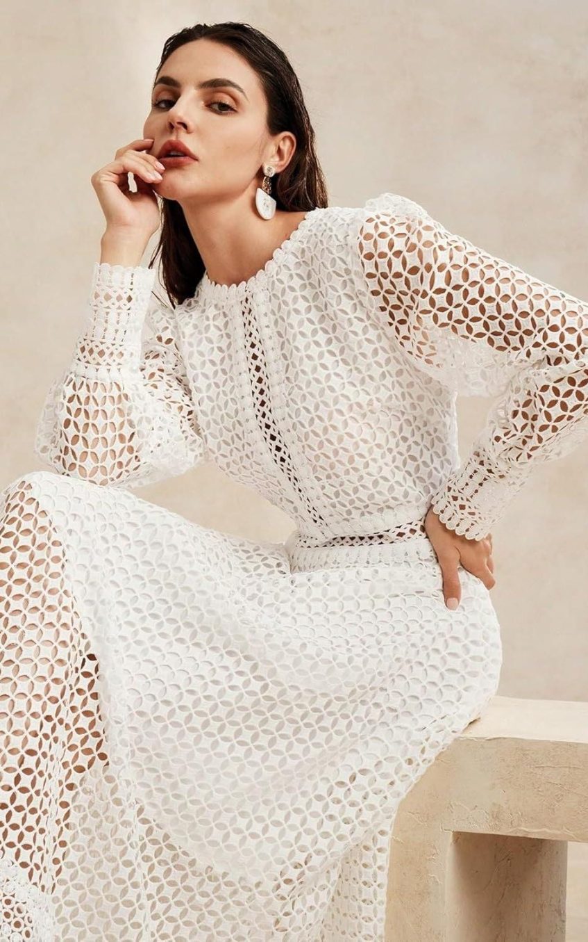 Solid Lace Lantern Sleeve Midi Dress