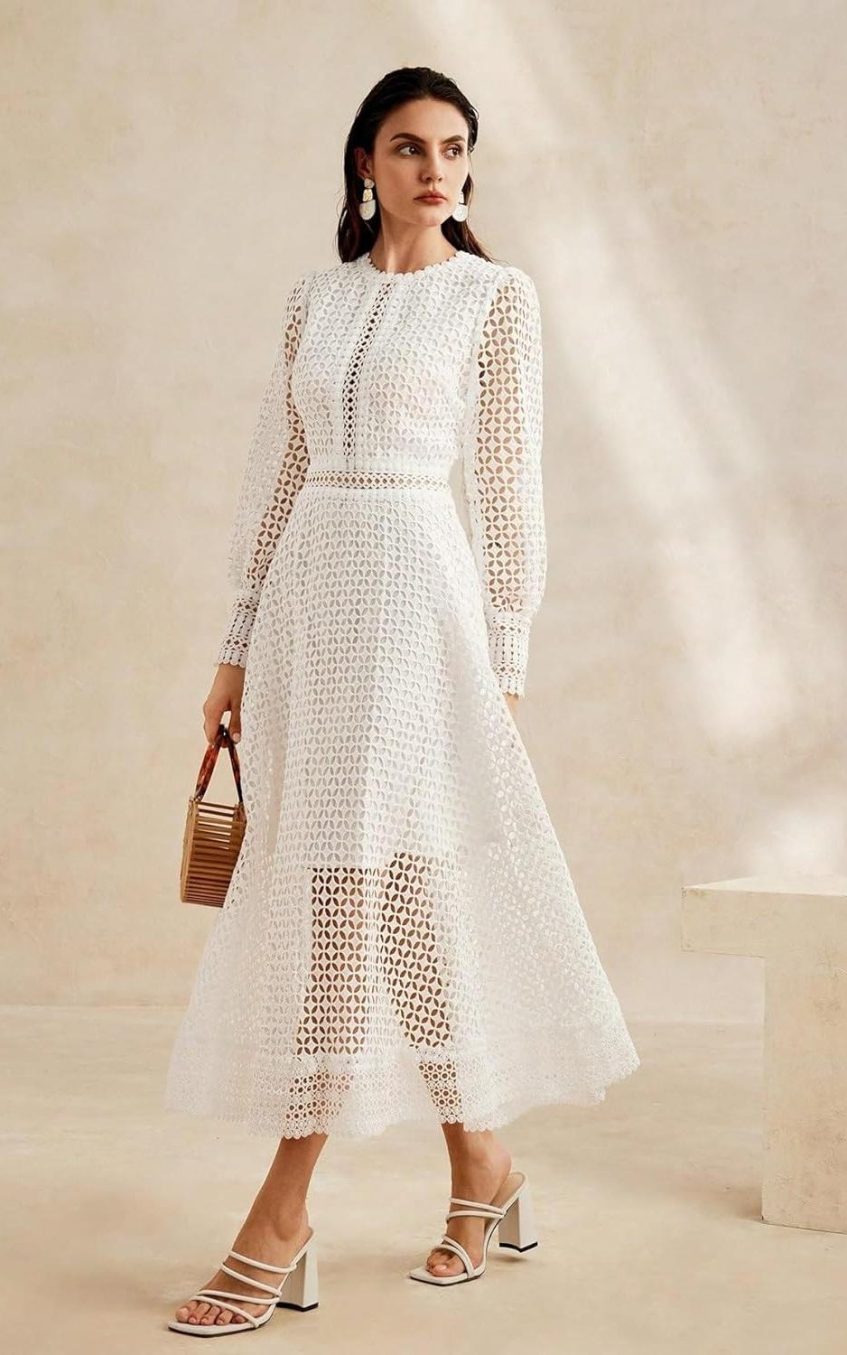Solid Lace Lantern Sleeve Midi Dress
