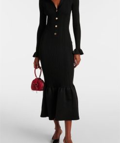 Jersey Solid Button Mermaid Midi Dress