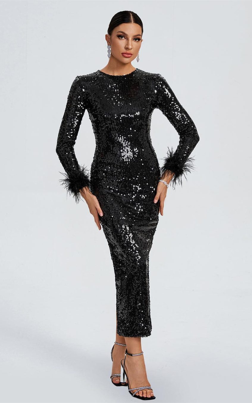 Sequin Feather Long Sleeve Midi Dress