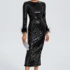 Sequin Feather Long Sleeve Midi Dress
