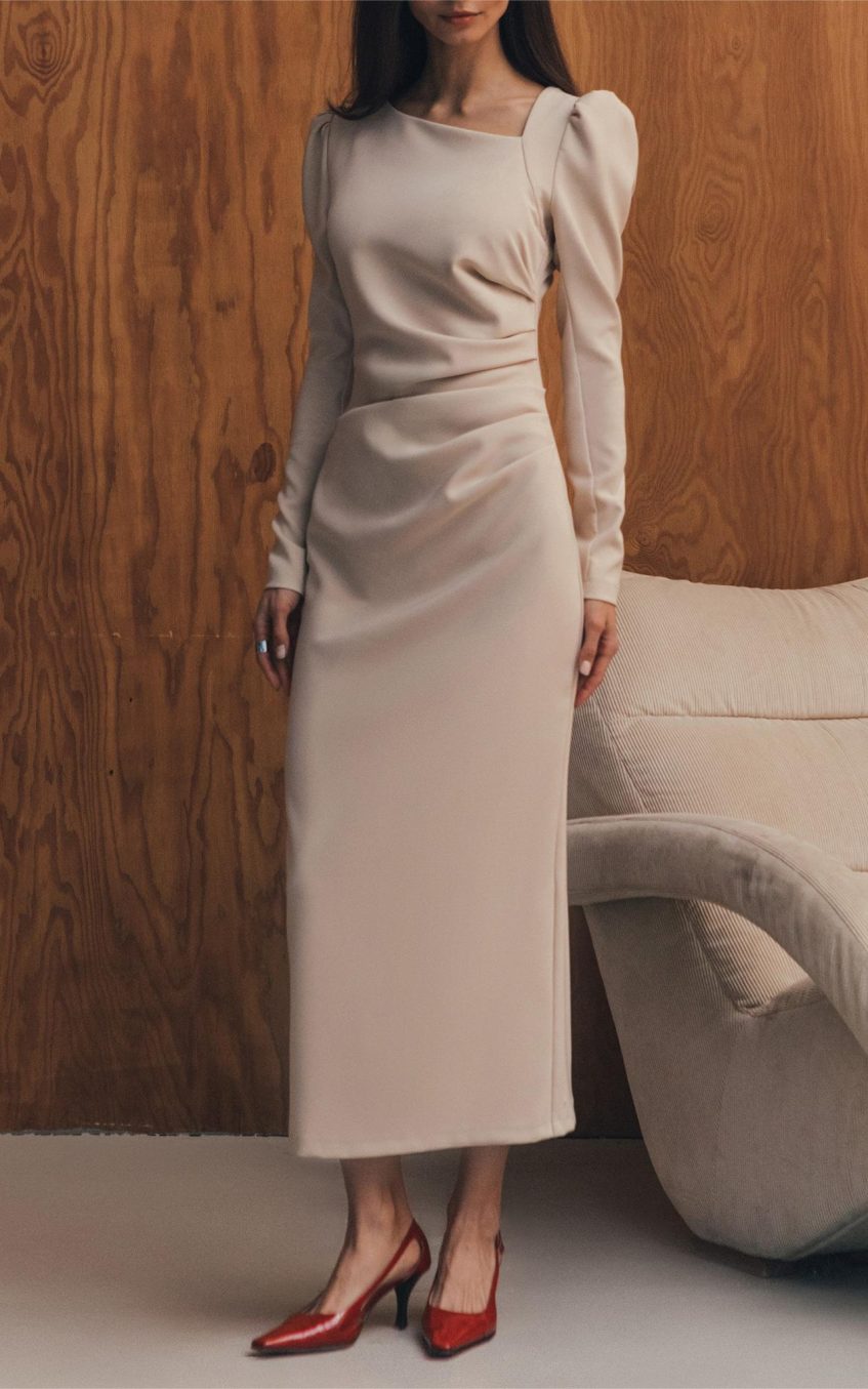 Asymmetrical Neck Ruched Long Sleeve Midi Dress