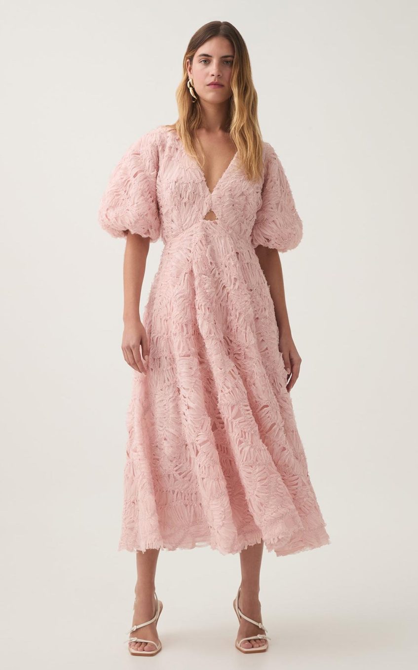 V-Neck Puff Sleeve Cut Out Midi Dress