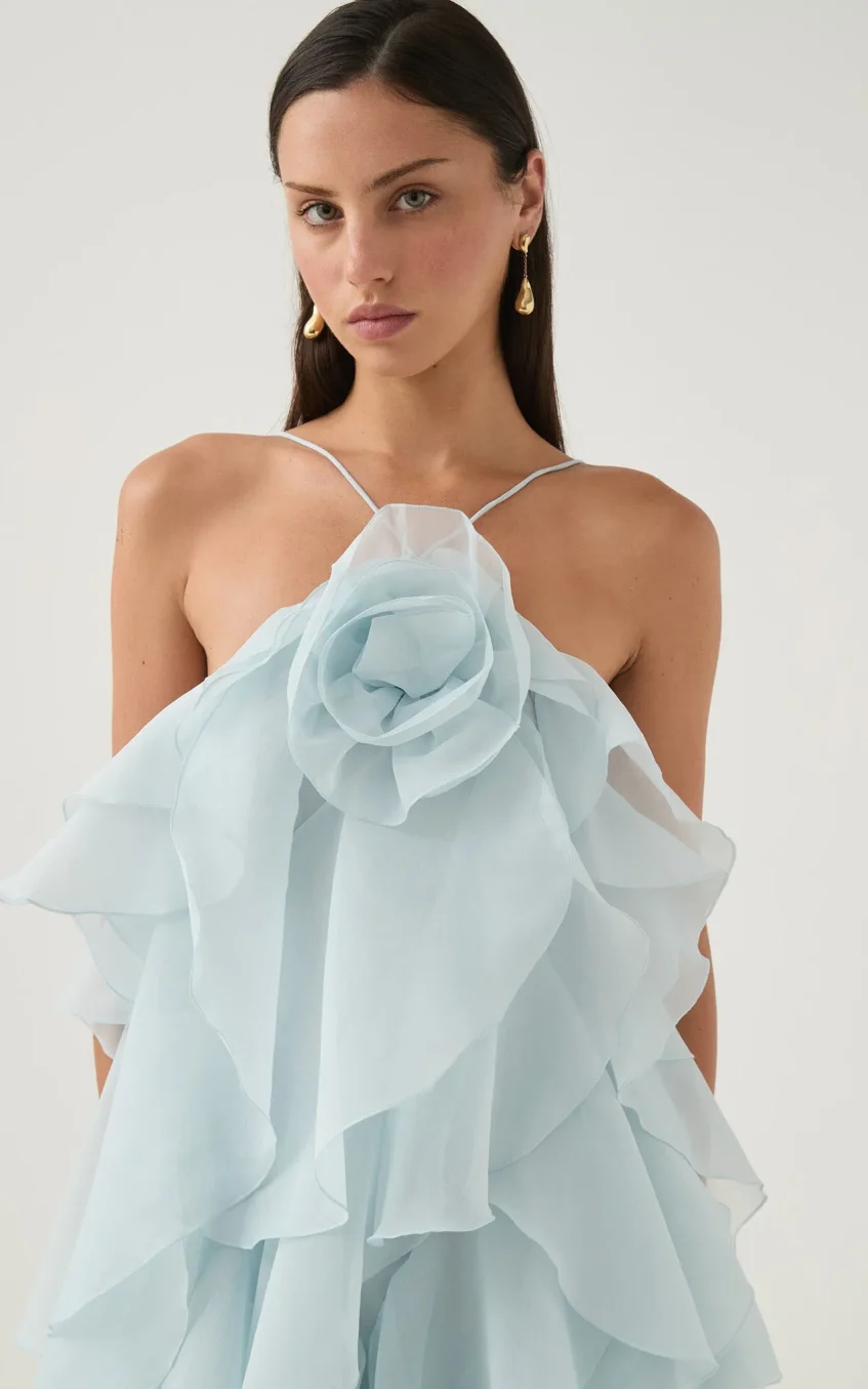 3D Flower Halter Neck Frill Maxi Dress