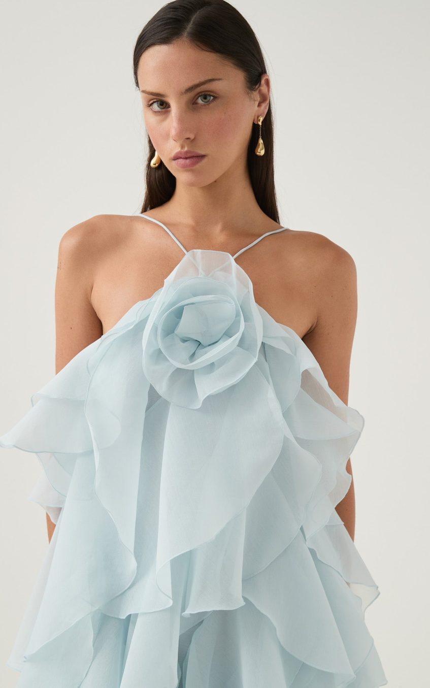 3D Flower Halter Neck Frill Maxi Dress