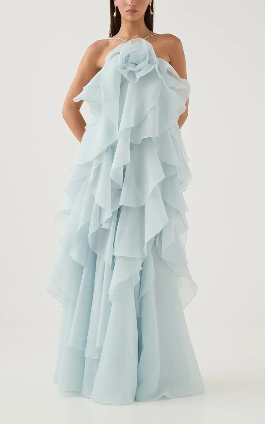 3D Flower Halter Neck Frill Maxi Dress