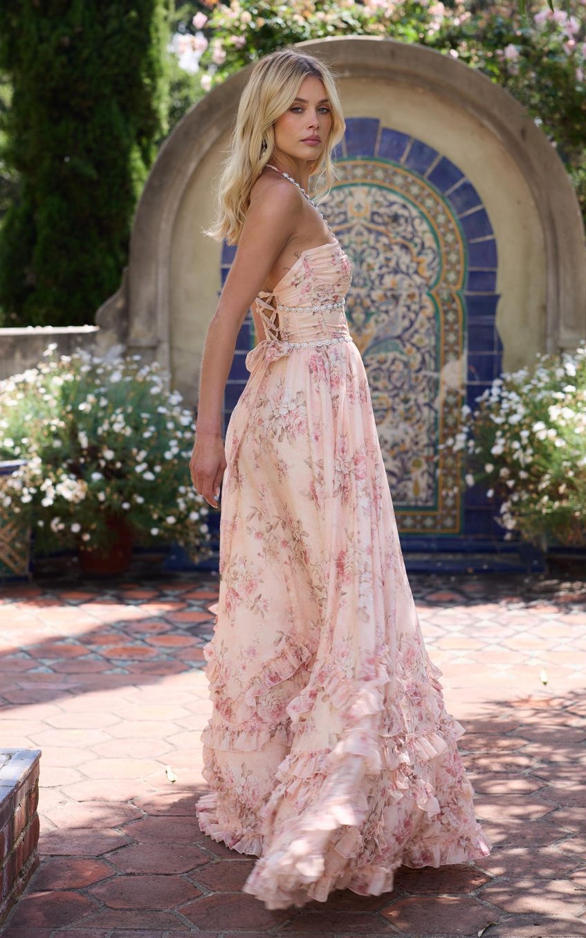 Floral Faux Pearl Frill Split Maxi Dress