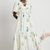 Floral Puff-Sleeve Smocking Midi Dress