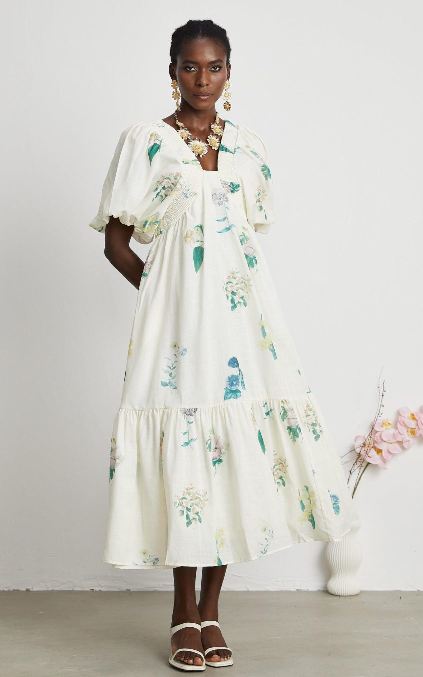 Floral Puff-Sleeve Smocking Midi Dress