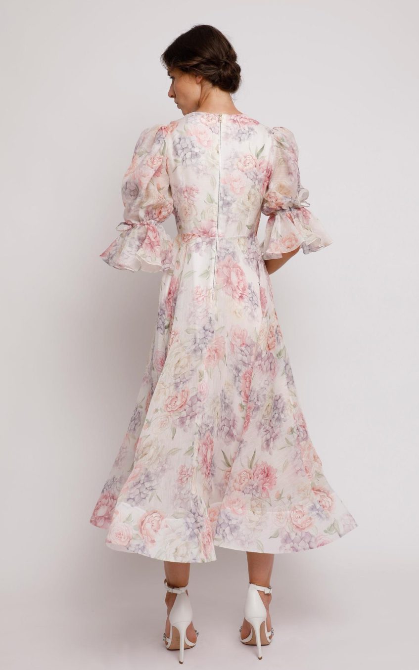 3D Flower Floral Lantern Sleeve Midi Dress