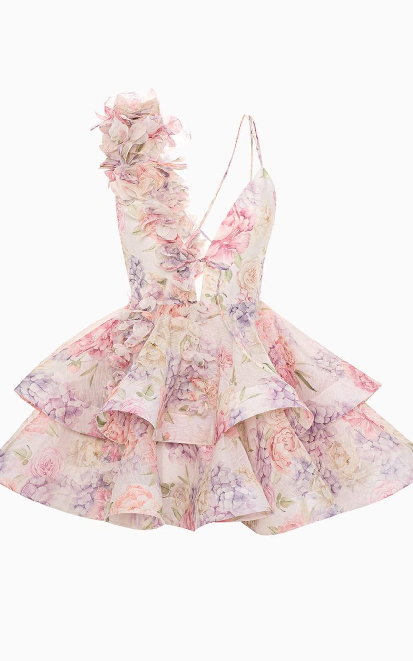 3D Flower Chiffon Ruffle Mini Dress
