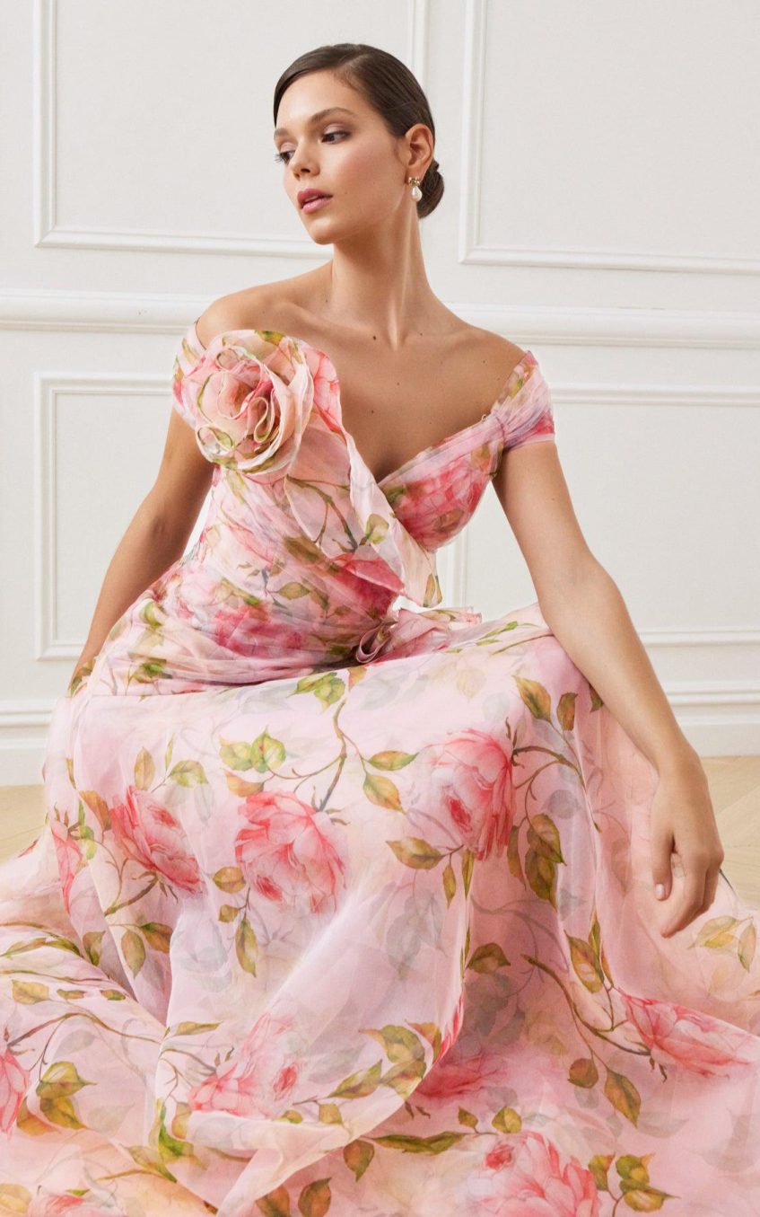 3D-Flower Frill Chiffon Maxi Dress