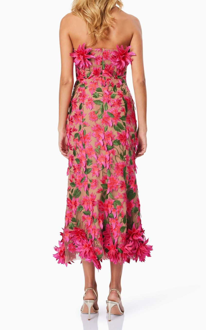 Embroidered 3D Flower Off Shoulder Midi Dress