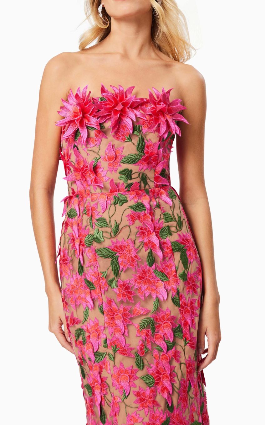 Embroidered 3D Flower Off Shoulder Midi Dress