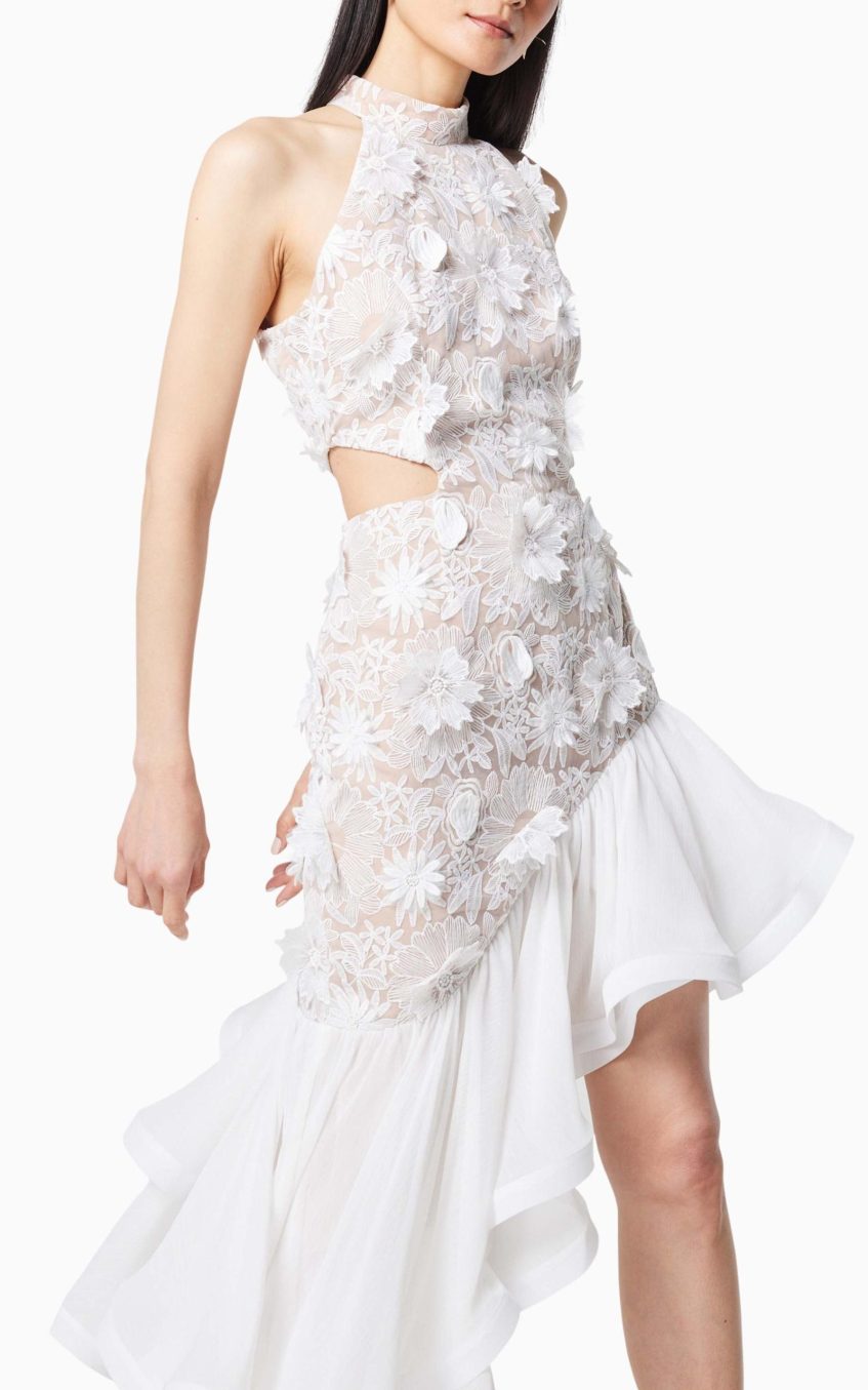 Ruffle Embroidered Halter Neck Midi  Dress