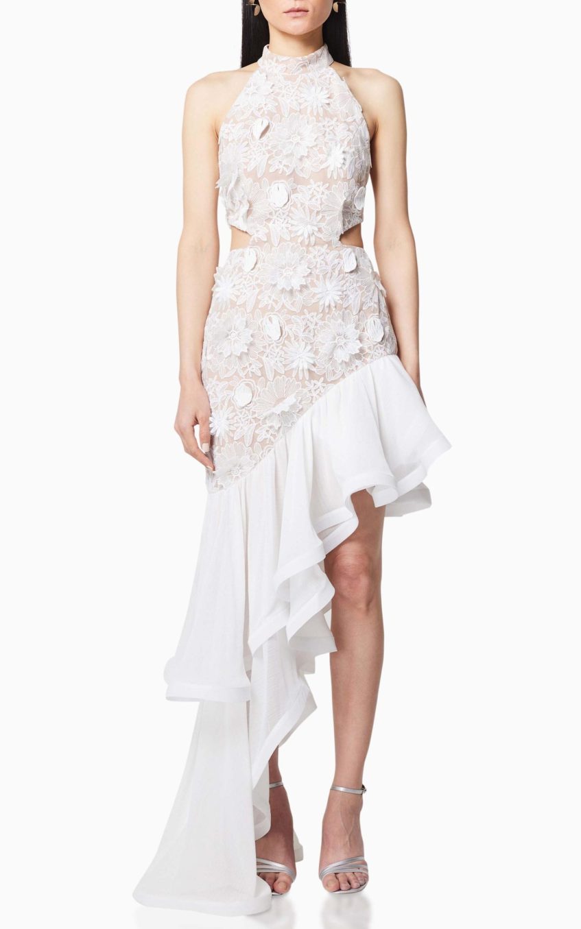 Ruffle Embroidered Halter Neck Midi  Dress