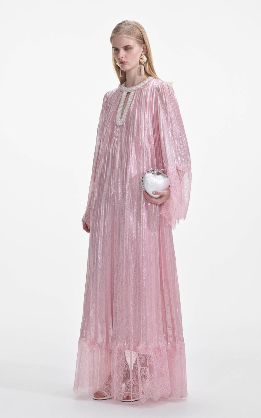 Lace Splicing Satin Faux Pearl Maxi Dress