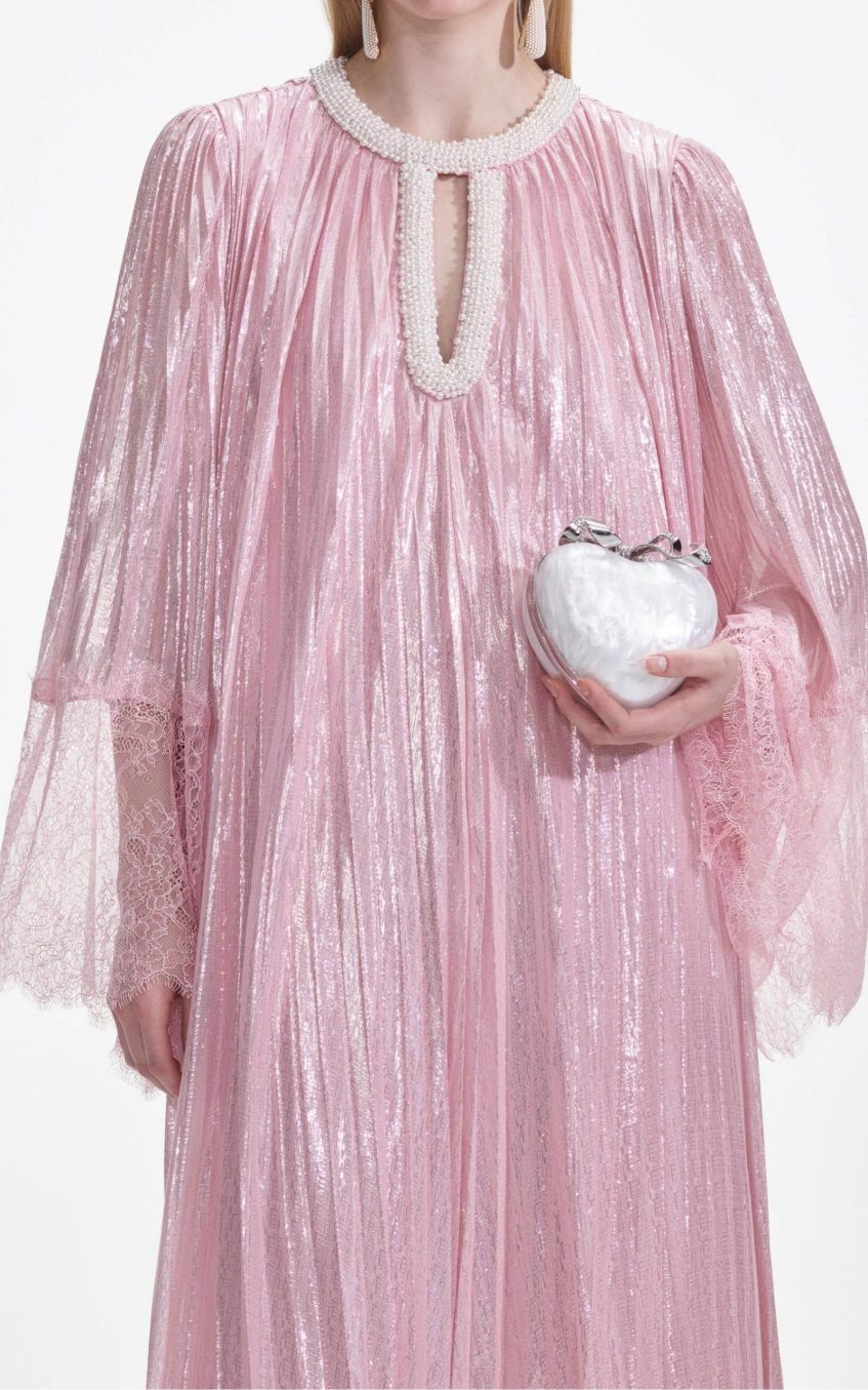 Lace Splicing Satin Faux Pearl Maxi Dress