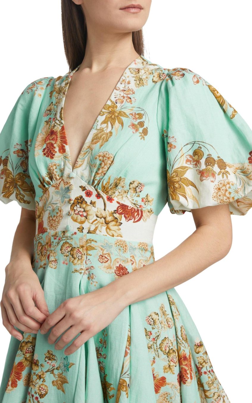 Floral Lantern Sleeve V-Neck Mini Dress