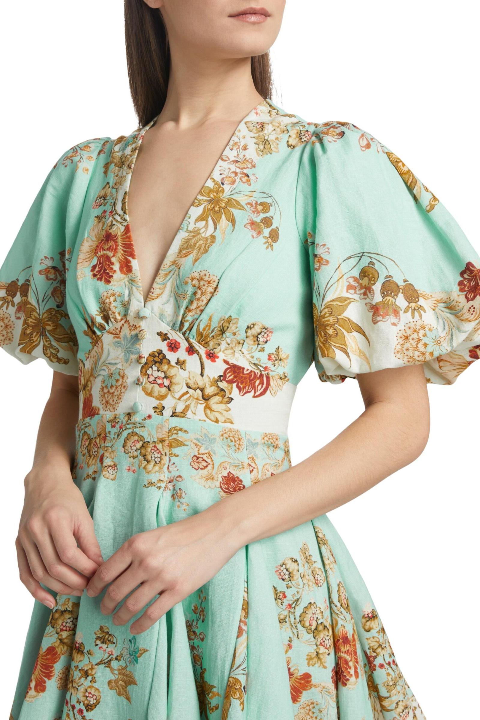 Floral Lantern Sleeve V-Neck Mini Dress