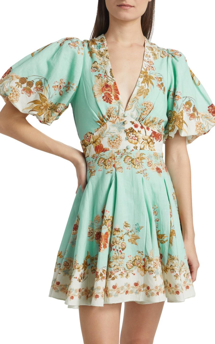 Floral Lantern Sleeve V-Neck Mini Dress
