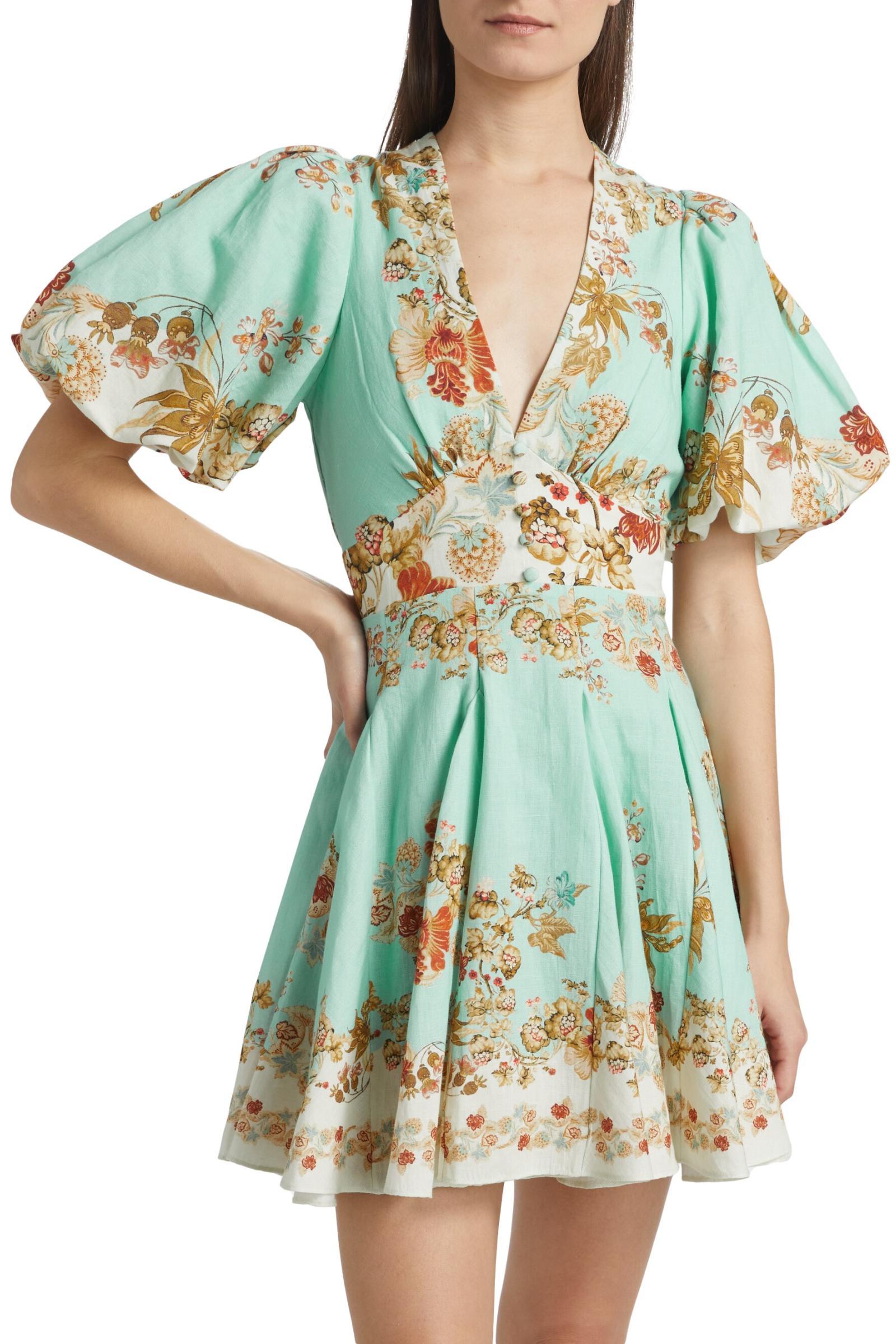 Floral Lantern Sleeve V-Neck Mini Dress