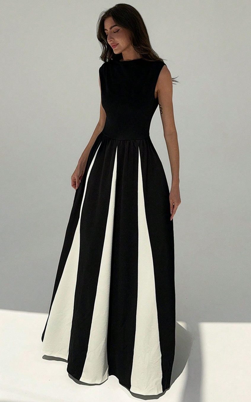 Contrast Color Round Neck Sleeveless Midi Dress