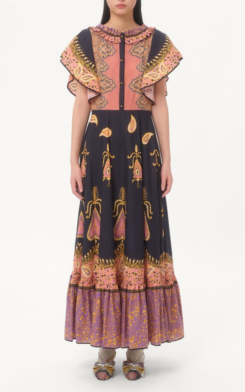 Paisley Print Frill Bell Sleeve Midi Dress