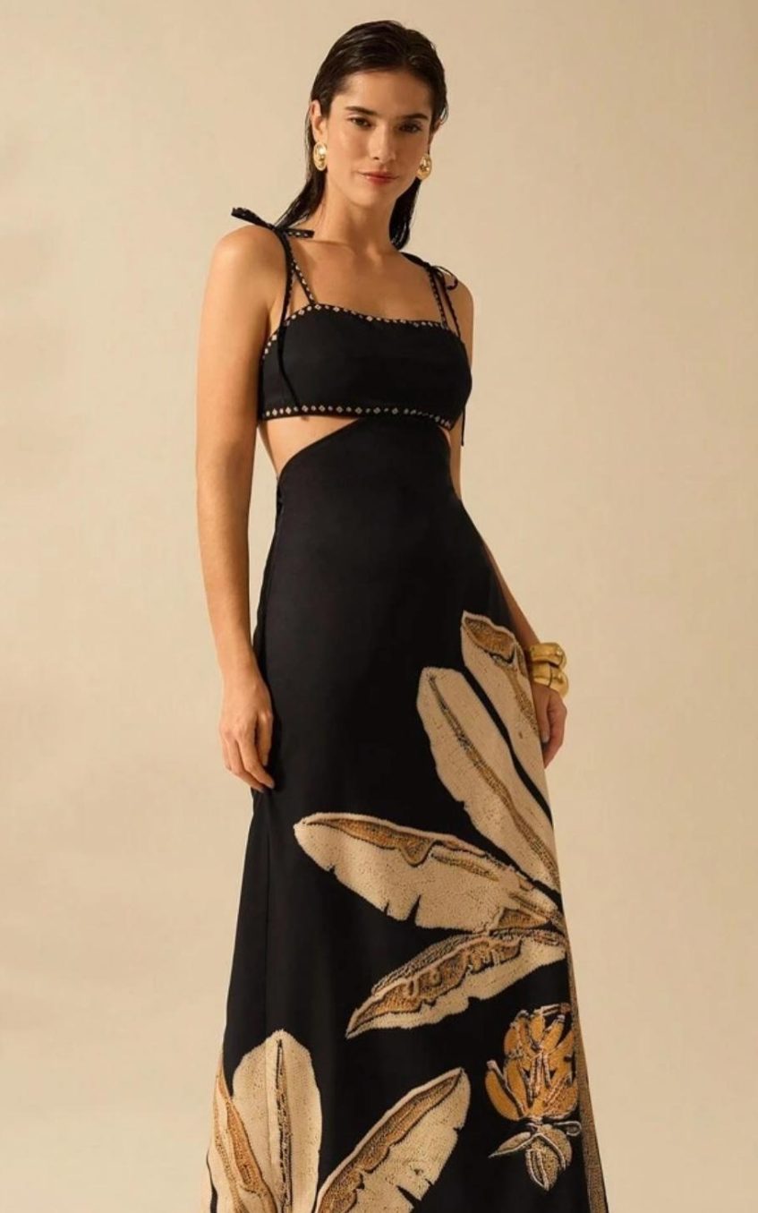 Botanical Print Lace-Up Slip Midi Dress