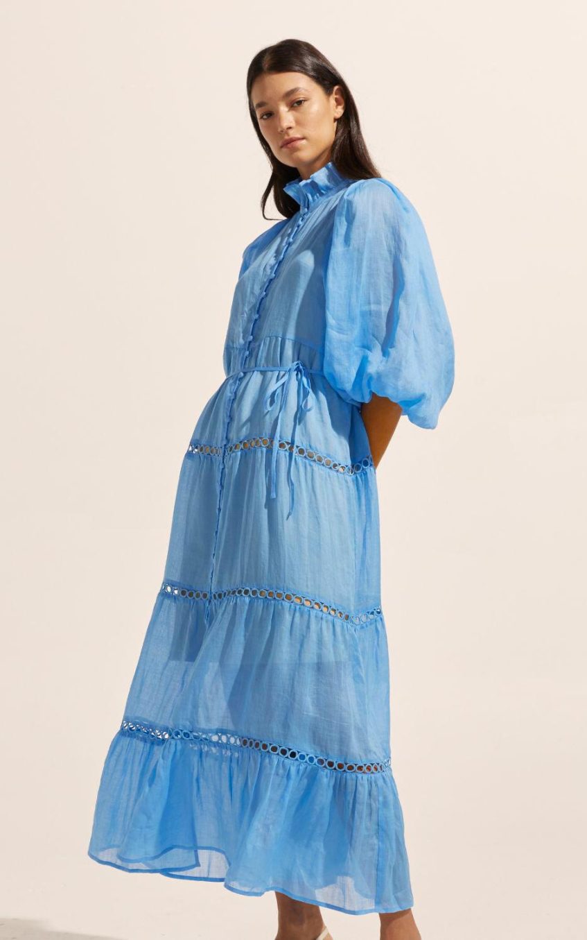 Solid High Neck Lantern Sleeve Midi Dress