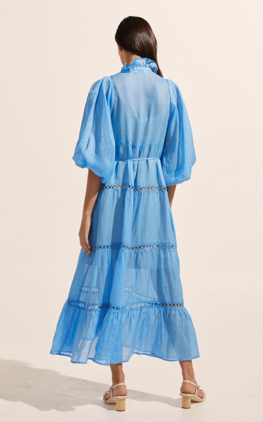 Solid High Neck Lantern Sleeve Midi Dress