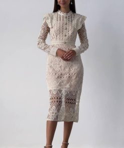 Lace Faux Pearl Button Long Sleeve Midi Dress