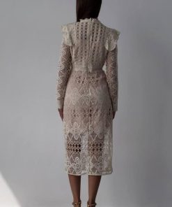 Lace Faux Pearl Button Long Sleeve Midi Dress