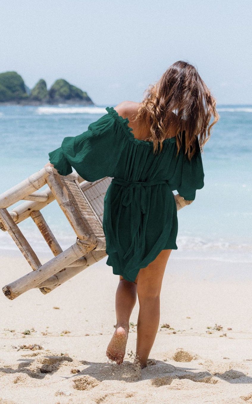 Off Shoulder Lace Up Puff Sleeve Ruched Mini Dress