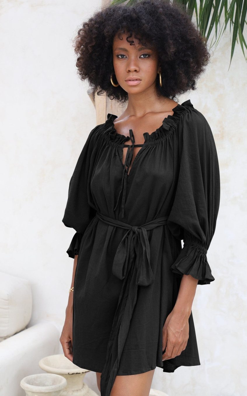 Off Shoulder Lace Up Puff Sleeve Ruched Mini Dress