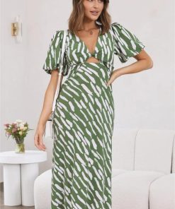 Print Puff Sleeve V-Neck Cut-Out Slit Midi Dress