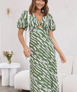 Print Puff Sleeve V-Neck Cut-Out Slit Midi Dress