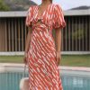 Print Puff Sleeve V-Neck Cut-Out Slit Midi Dress