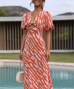 Print Puff Sleeve V-Neck Cut-Out Slit Midi Dress