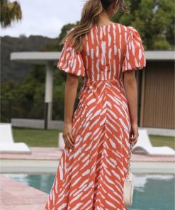 Print Puff Sleeve V-Neck Cut-Out Slit Midi Dress