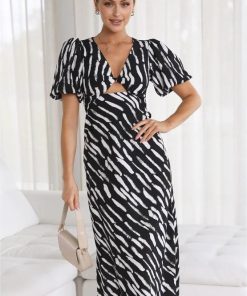 Print Puff Sleeve V-Neck Cut-Out Slit Midi Dress