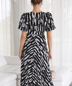 Print Puff Sleeve V-Neck Cut-Out Slit Midi Dress