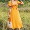 Puff Sleeve Bow Knot Midi Dress Yellow