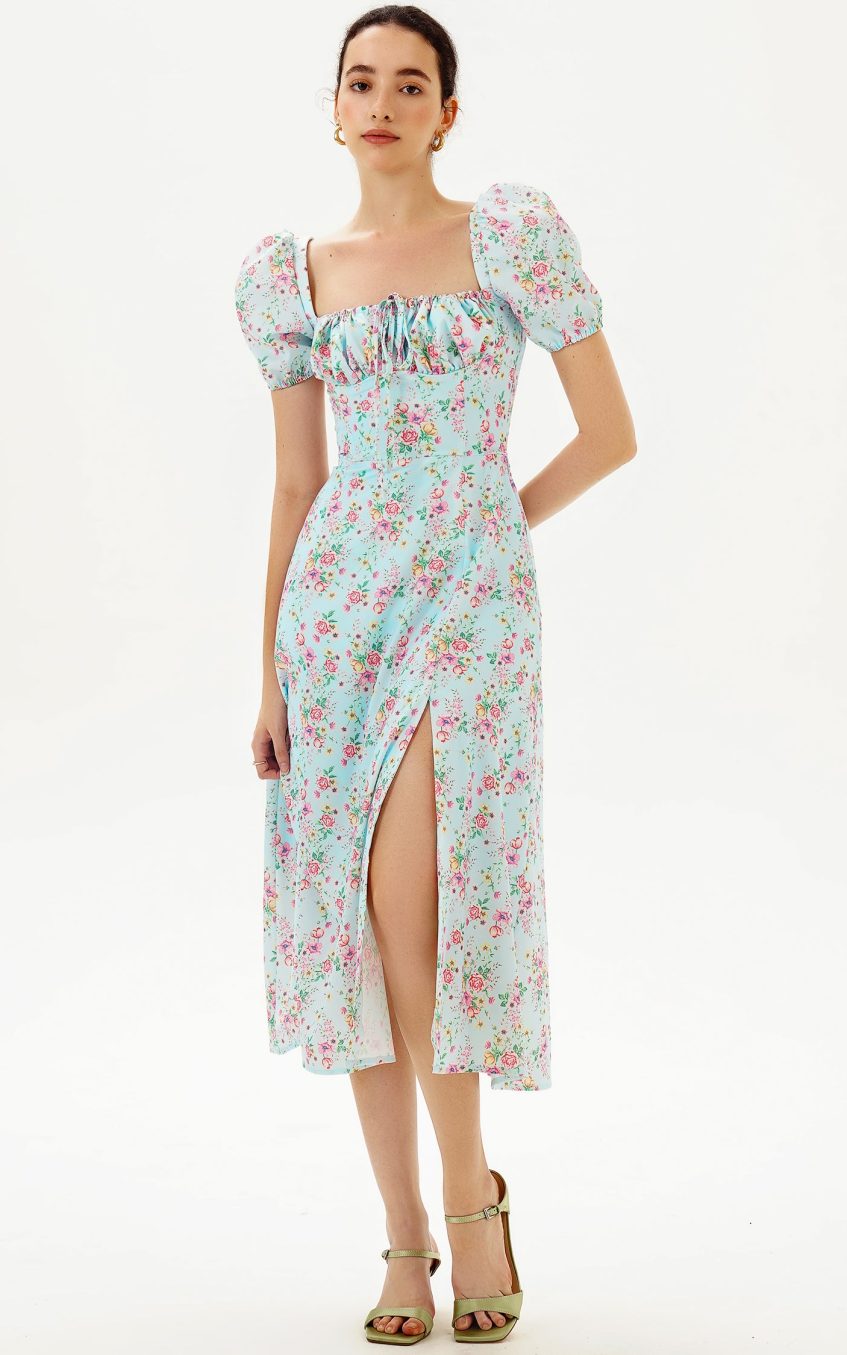 Puff Sleeve Slit Print Midi Dress Blue