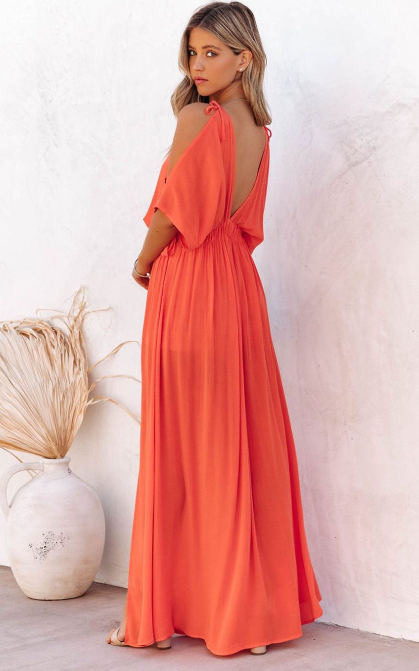 Strapless Slit Backless V-neck Dress Red