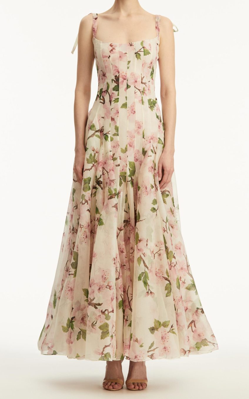 Floral Ruched Sweetheart Neck Maxi Dress