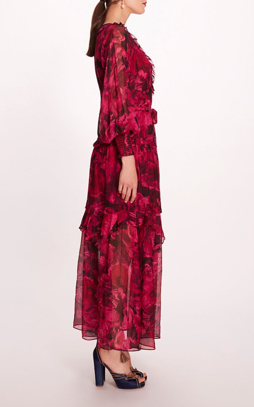 Floral Ruffle Lantern Sleeve Midi Dress